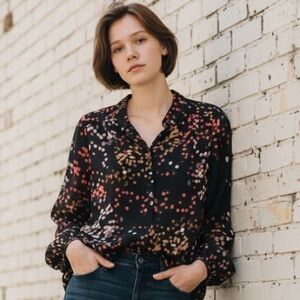 Broadway & Broome 100% Silk Black Abstract Confetti Dot Sheer Blouse Button XS